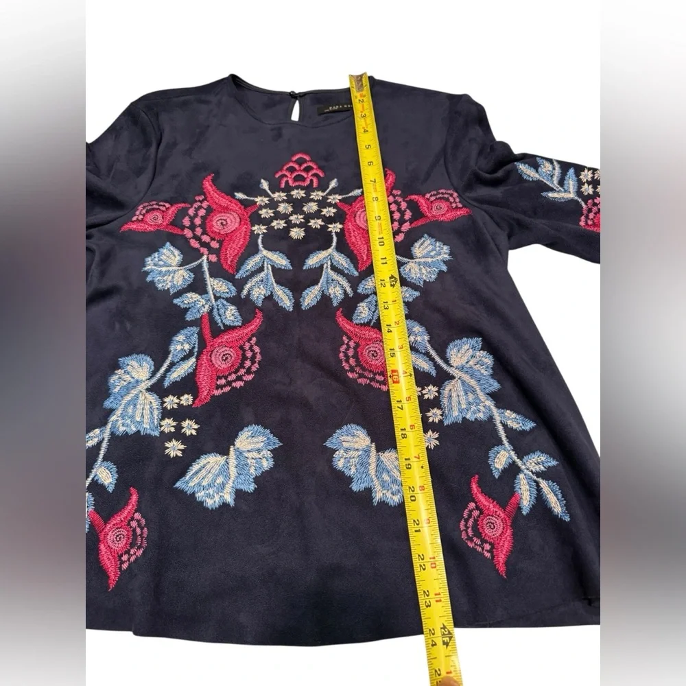 Zara Woman Faux Suede Embroidered Floral Navy Blue Top with 3/4 Sleeves Size S